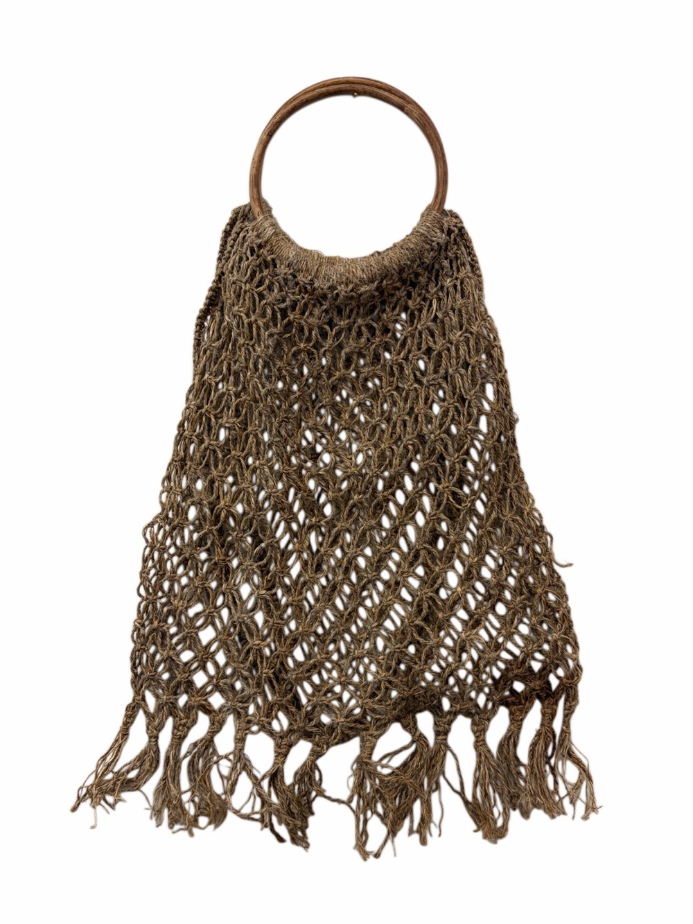 NWOT Woven Tote Bag with Wooden Handles and Fringe Detailing